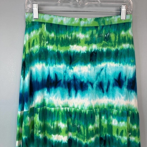 CHICO'S Bright Green Blue Striped Tie Dye Tiered Maxi Skirt Elastic Waist Size S - Picture 5 of 12